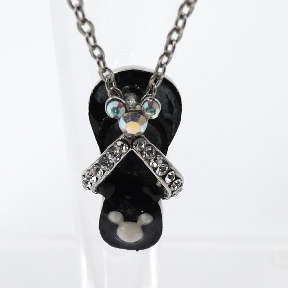 VTG Disney Mickey Mouse Flip Flop Pendant Necklace Black Rhinestone AB Girls - Picture 5 of 16